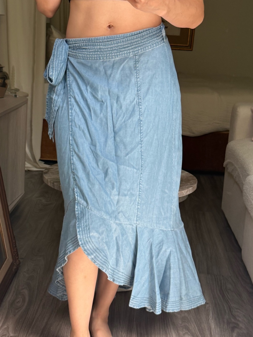 Intermix Blue Lyocell Wrap Midi Skirt Asymmetrical Ruffle Hem Tie Waist Size S